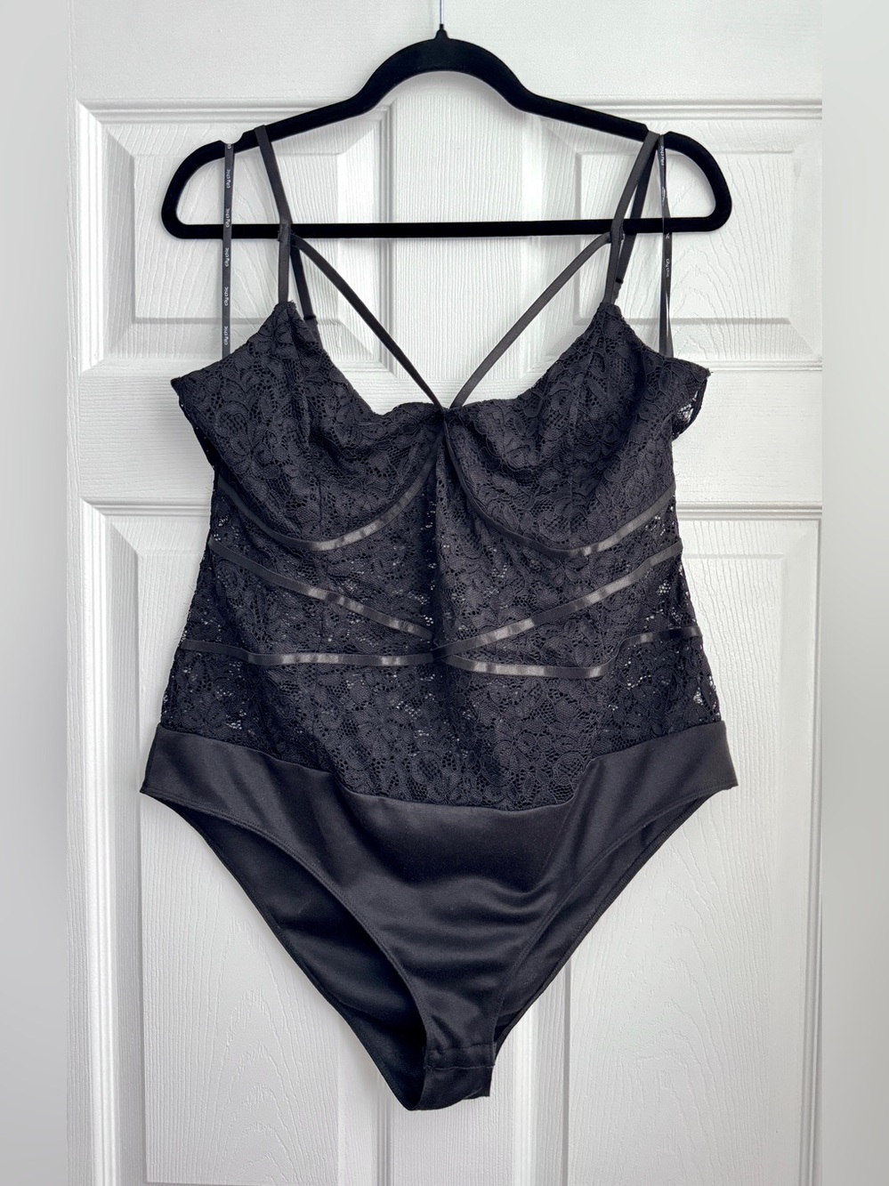City Chic Black Lace Bodysuit with Satin Panels, Size 16